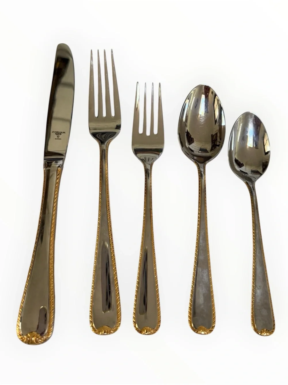 Gorham Stainless Steel Flatware with Gold Trim - 5 Pieces EUC